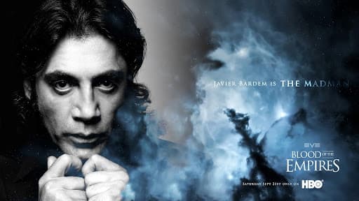 A mocked up fake promotional poster for the EVE Online series Blood of the Empires, featuring Javier Bardem against an ice blue nebula