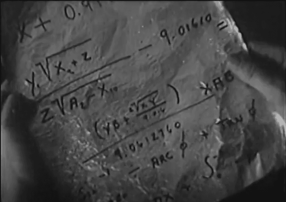 Screenshot from the 1954 film Killers from Space. Image shows a series of calculations that are meant to be readings from an experiment