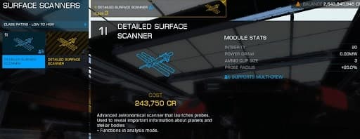 An Elite Dangerous screenshot showing a 1I detailed surface scanner and its stats