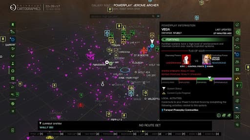 An Elite Dangerous Powerplay 2.0 galaxy map depicting a Fortified system, a type of reinforcement system. 