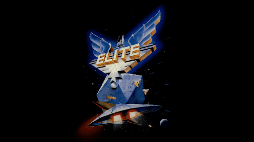 The iconic artwork of the first Elite game in 1984, it shows a sidewinder approaching the logo in space