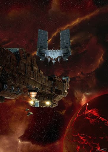 Art for the EVE Online board game showing a ship approaching a player-owned structure in front of a scarlet nebula and a lava type planet in the bottom-right background