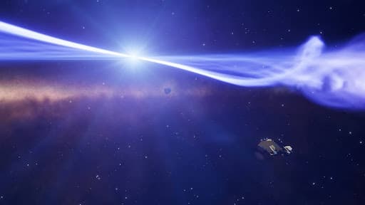 An exploration ship approaching a neutron star which spans the top of the image just above the Milky Way