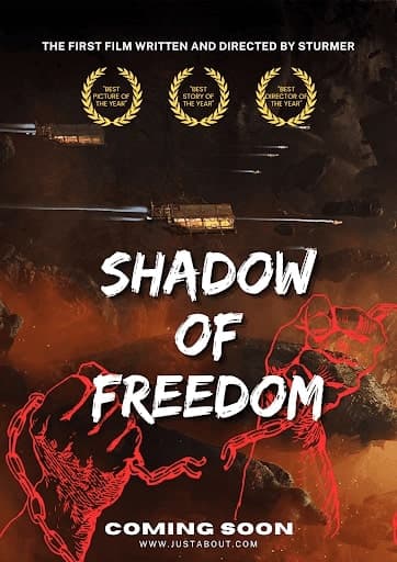 A mocked up EVE Online movie poster for Shadow of Freedom featuring a brown nebulous background, pencil-style red sketches of fists breaking chains and fake awards