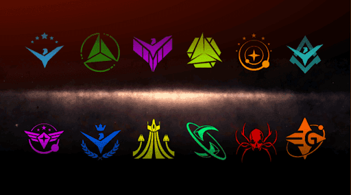 The logos of the 12 pledgeable powers in Elite Dangerous 2.0 with a galaxy as the background