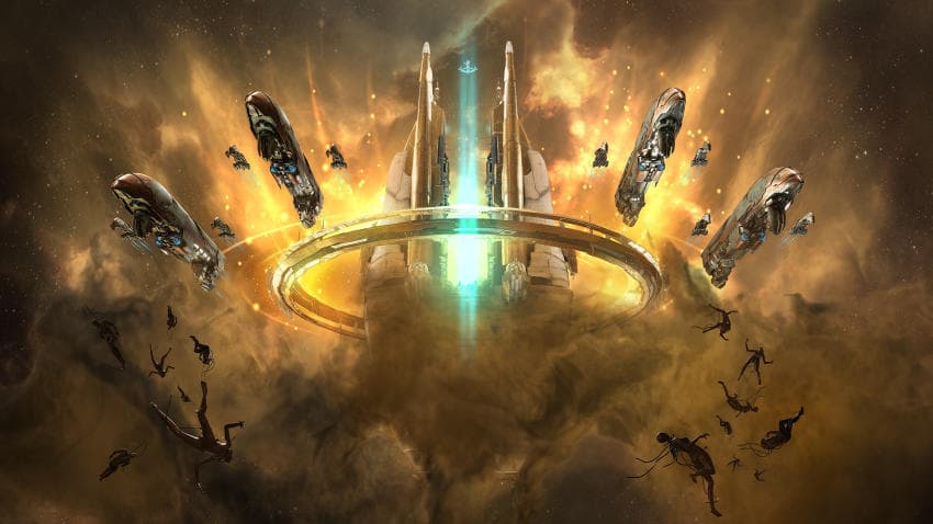 A Crimson Harvest artistic depiction showing the ships of the Order of St Tetrimon flying out of the dusty explosion of a space station