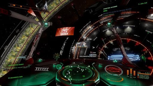 A screenshot from Elite Dangerous, taken from the cockpit on a station approach, with a hacked holo ad showing in the centre