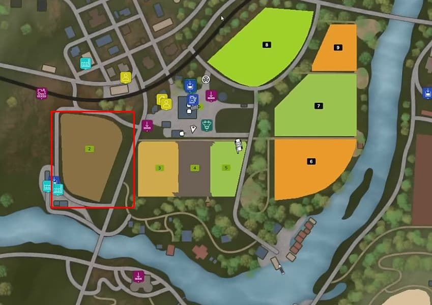 A section of the Riverbend Springs map in Farming Simulator 25, with field number two highlighted in red