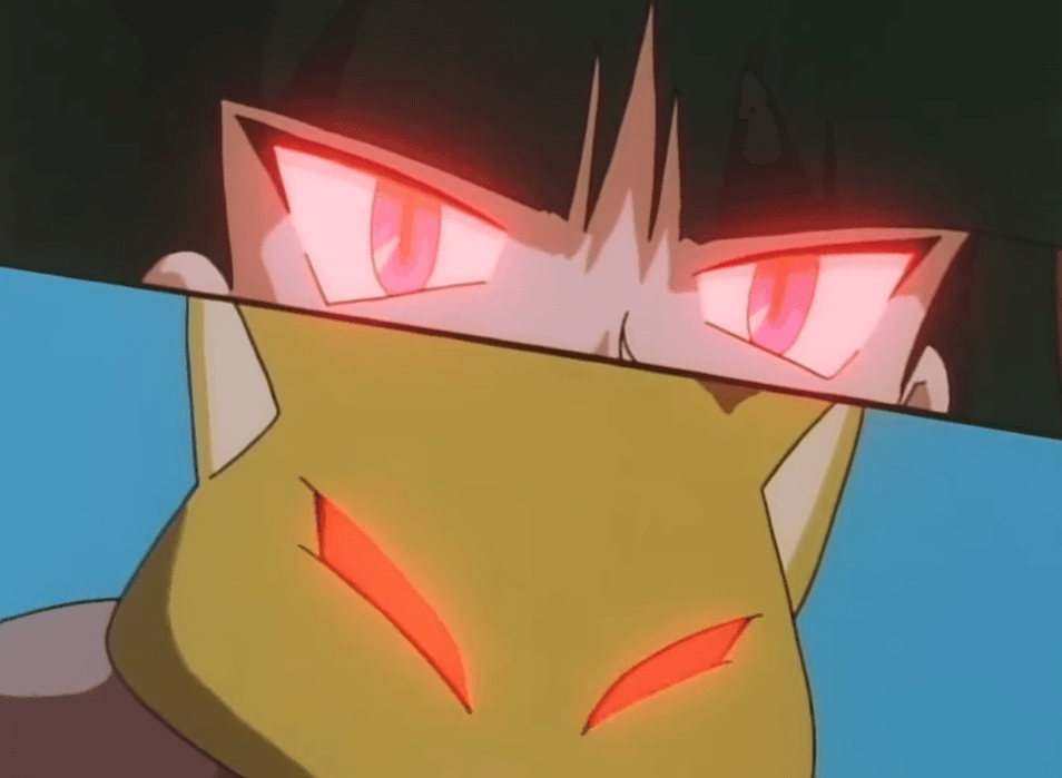 Picture from the Pokemon anime tv series. Horizontal split screen showing psychic Gym Leader Sabrina on top and her Pokemon Abra on the bottom. their eyes are glowing red.