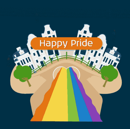 Image saying "Happy Pride" with a rainbow leading to a stylised town