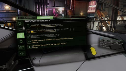 An in-game screenshot from Elite Dangerous showing the Powerplay assignments screen