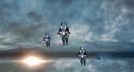 A screenshot of three EVE Online ships flying through an icy-looking part of space; it's illusory,  and looks like they're flying across a reflective body of water