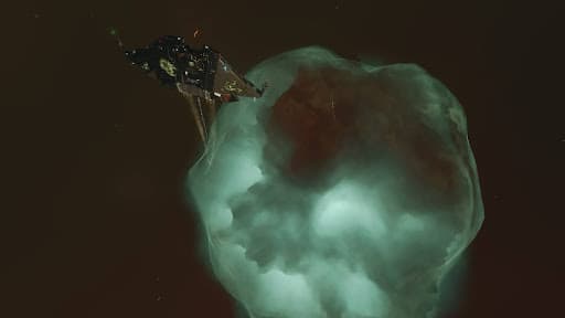 Thargoid titan bubble in green with a ship approaching