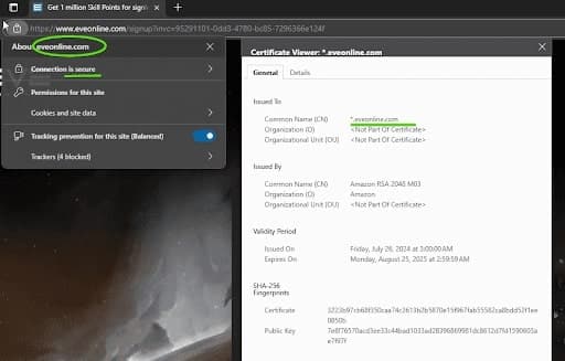 A screenshot depicting the official trustworthy security certificate associated with EVE referral codes - a new player's first steps