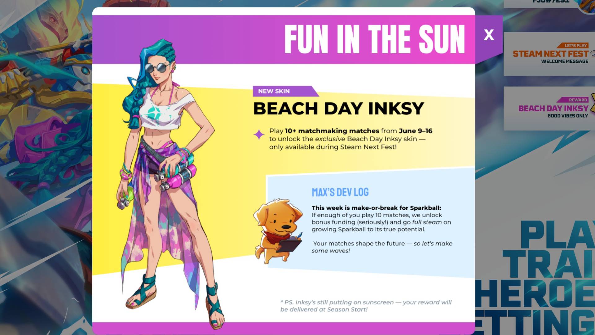 Earn the Beach Day Inksy skin in Sparkball!