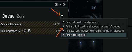 An EVE Online screenshot depicting how to copy and paste in a skill queue