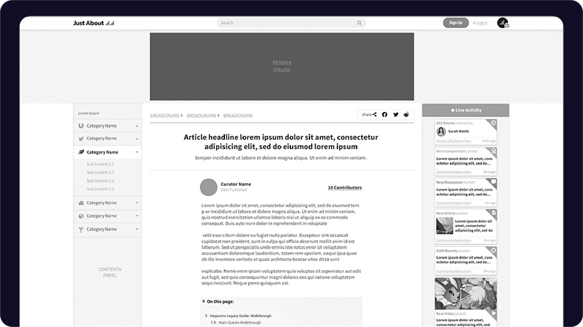 A black and white image of the first Just About articles user interface designs